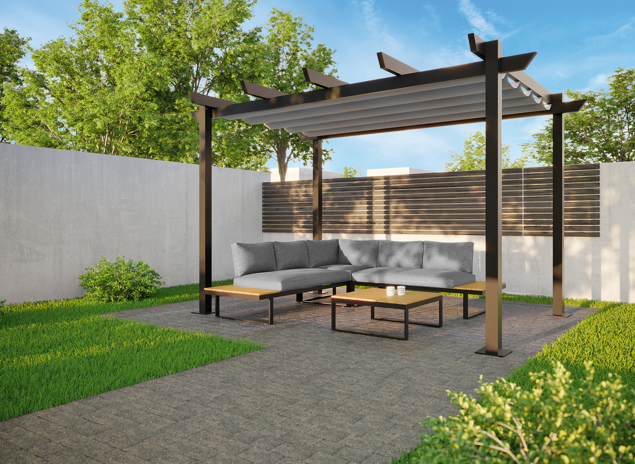 Pergola in alluminio antracite Omega NATERIAL 2,8x4m con copertura scorrevole