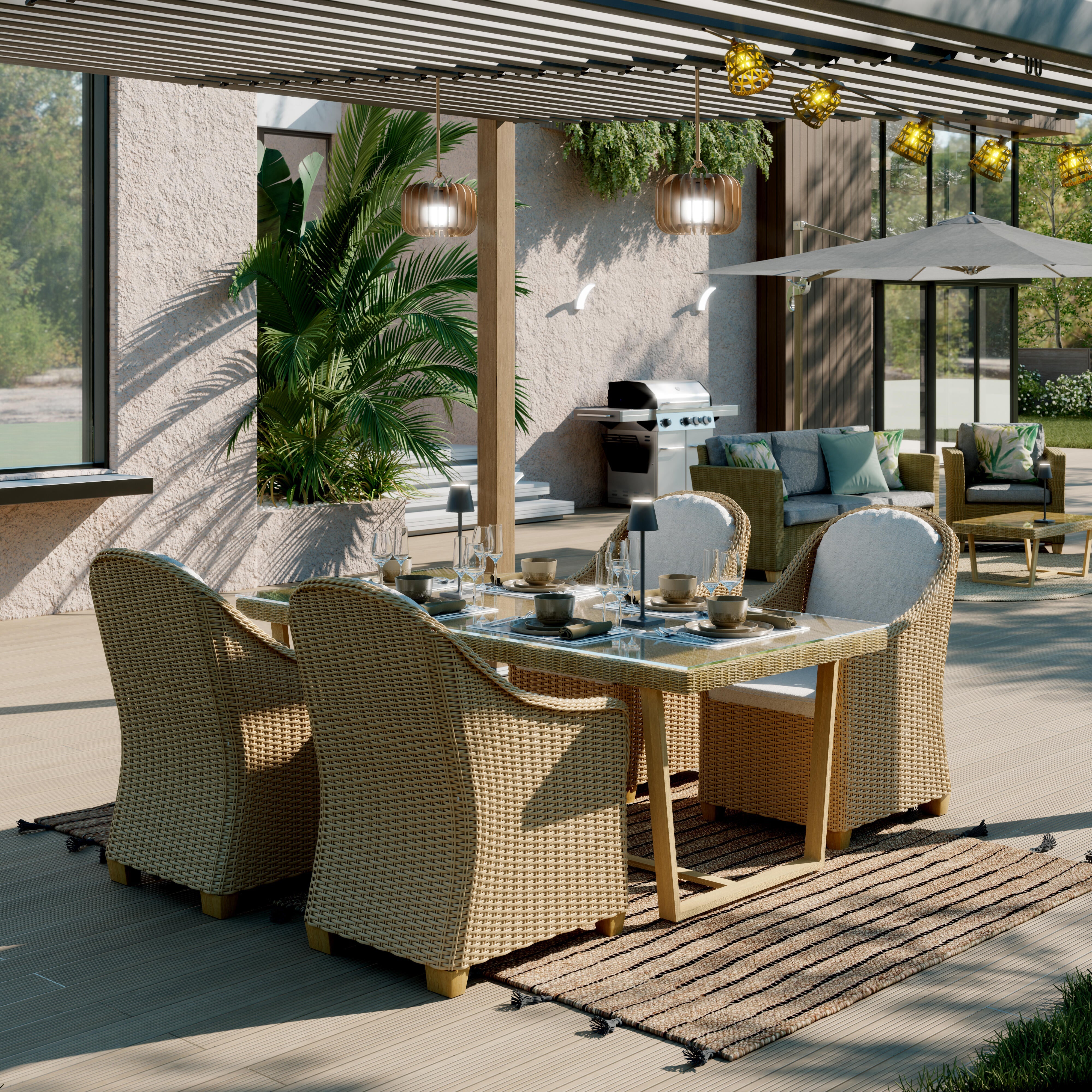 Salotto da giardino Medena NATERIAL 5 posti beige con cuscini bianchi