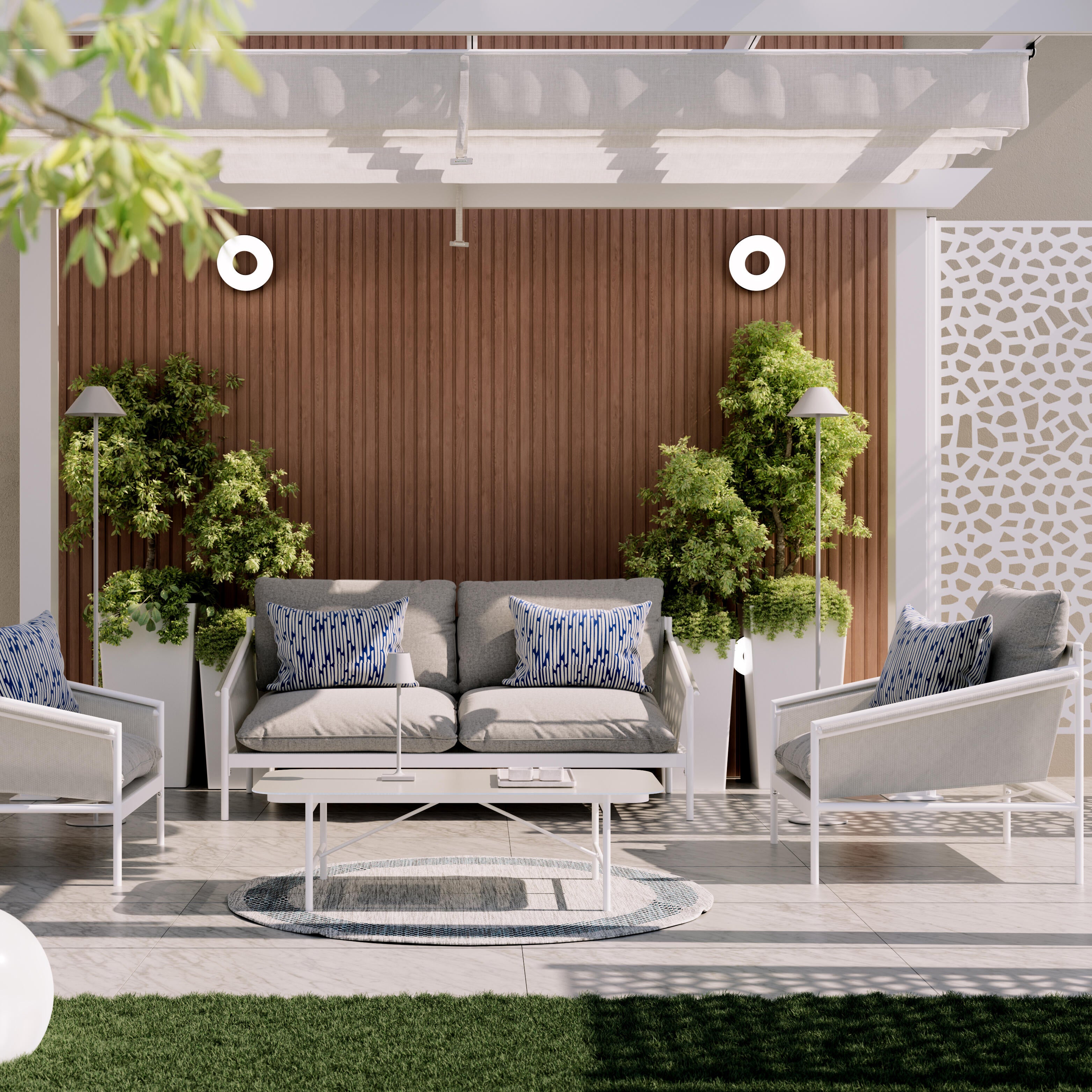 Pergola autoportante in alluminio bianco 3x4 m con copertura scorrevole - Omega Naterial