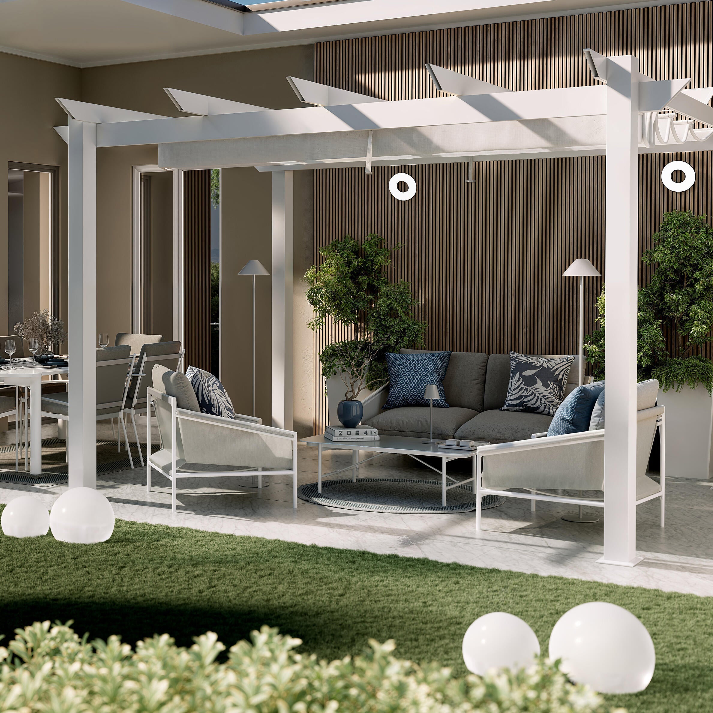Pergola autoportante in alluminio bianco 3x4 m con copertura scorrevole - Omega Naterial