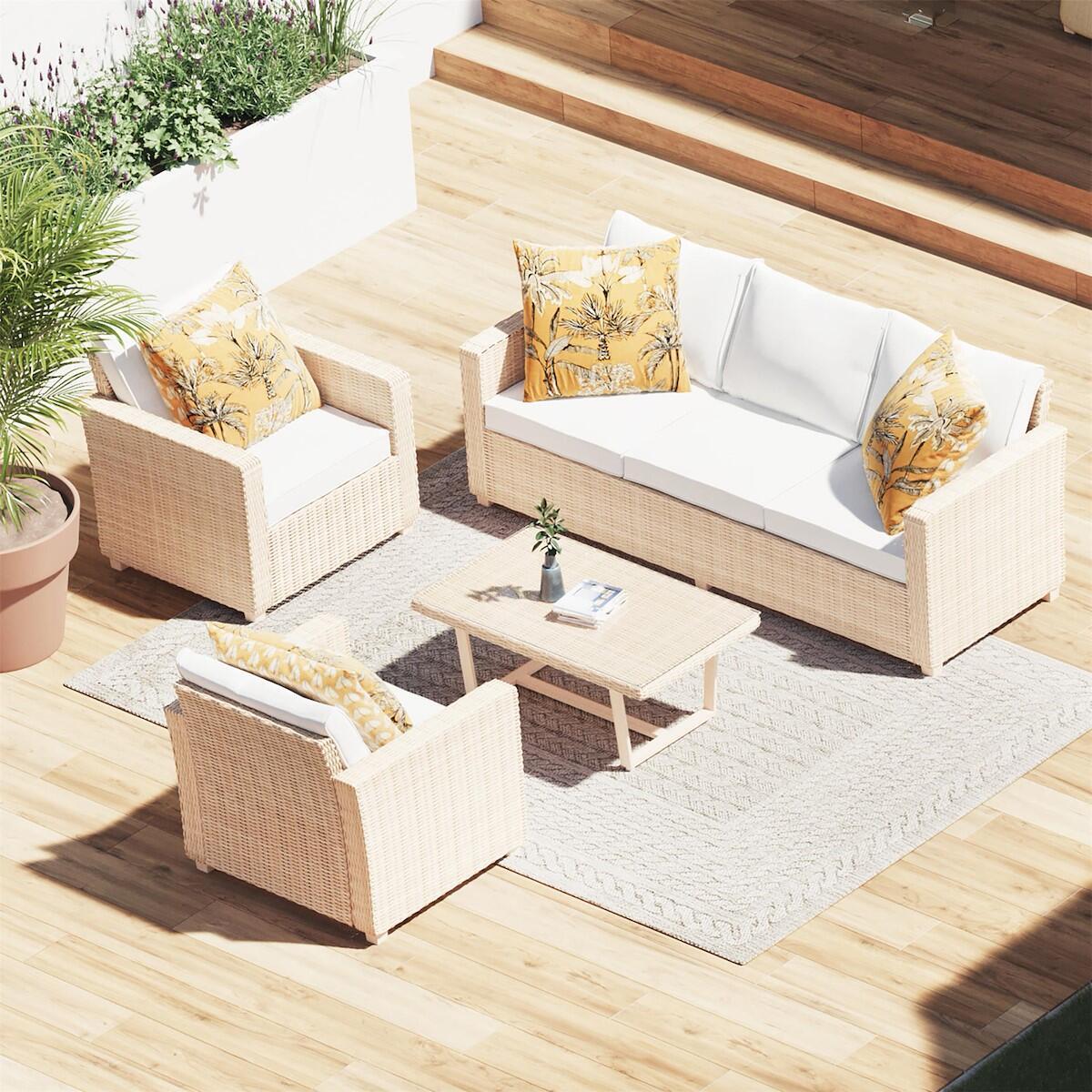 Salotto da giardino Medena NATERIAL 5 posti beige con cuscini bianchi