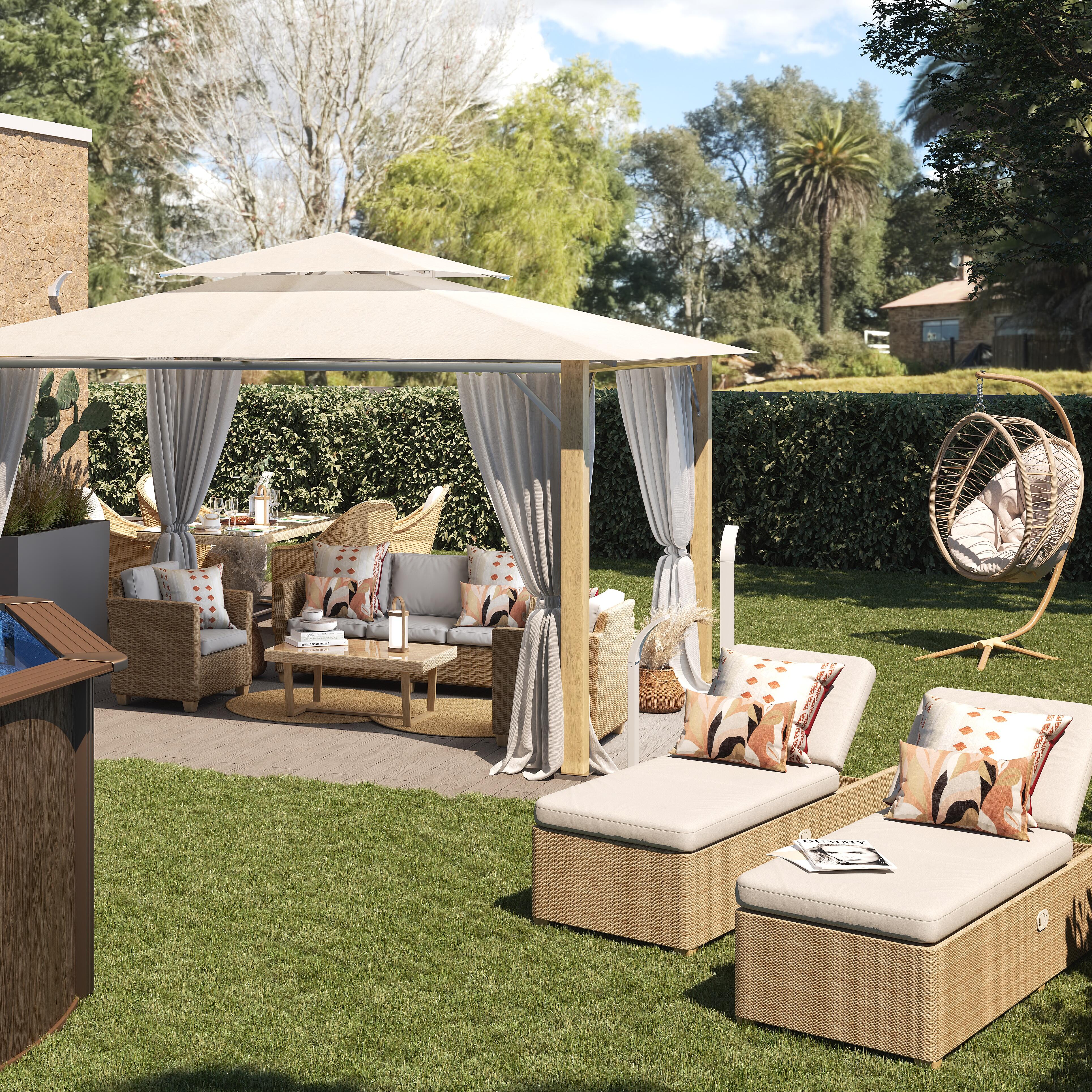 Salotto da giardino Medena NATERIAL 5 posti beige con cuscini bianchi