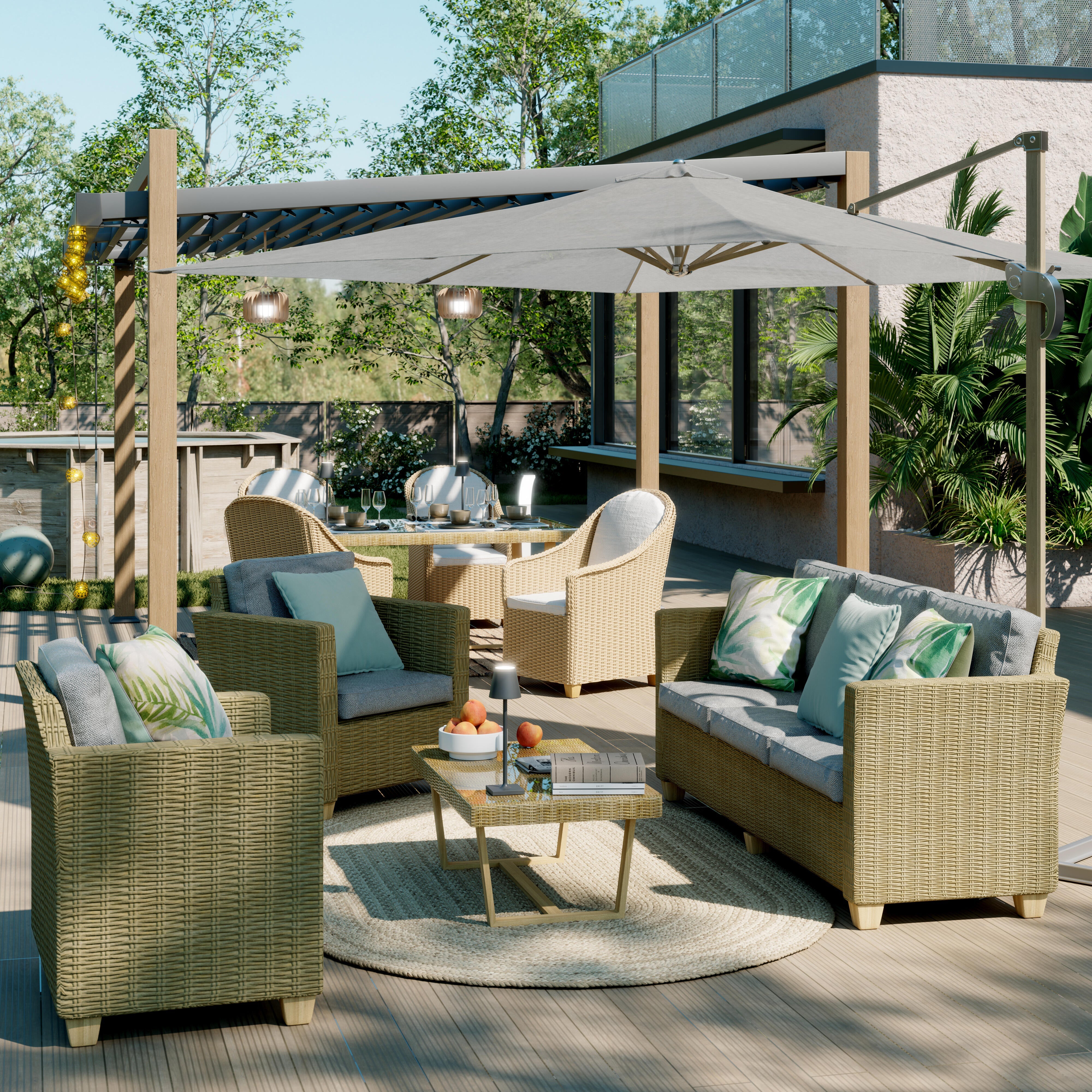 Salotto da giardino Medena NATERIAL 5 posti beige con cuscini bianchi